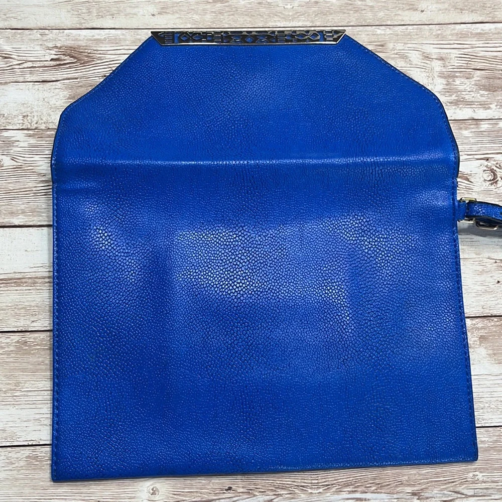 Stella & Dot Blue Leather Clutch with Gold Accents